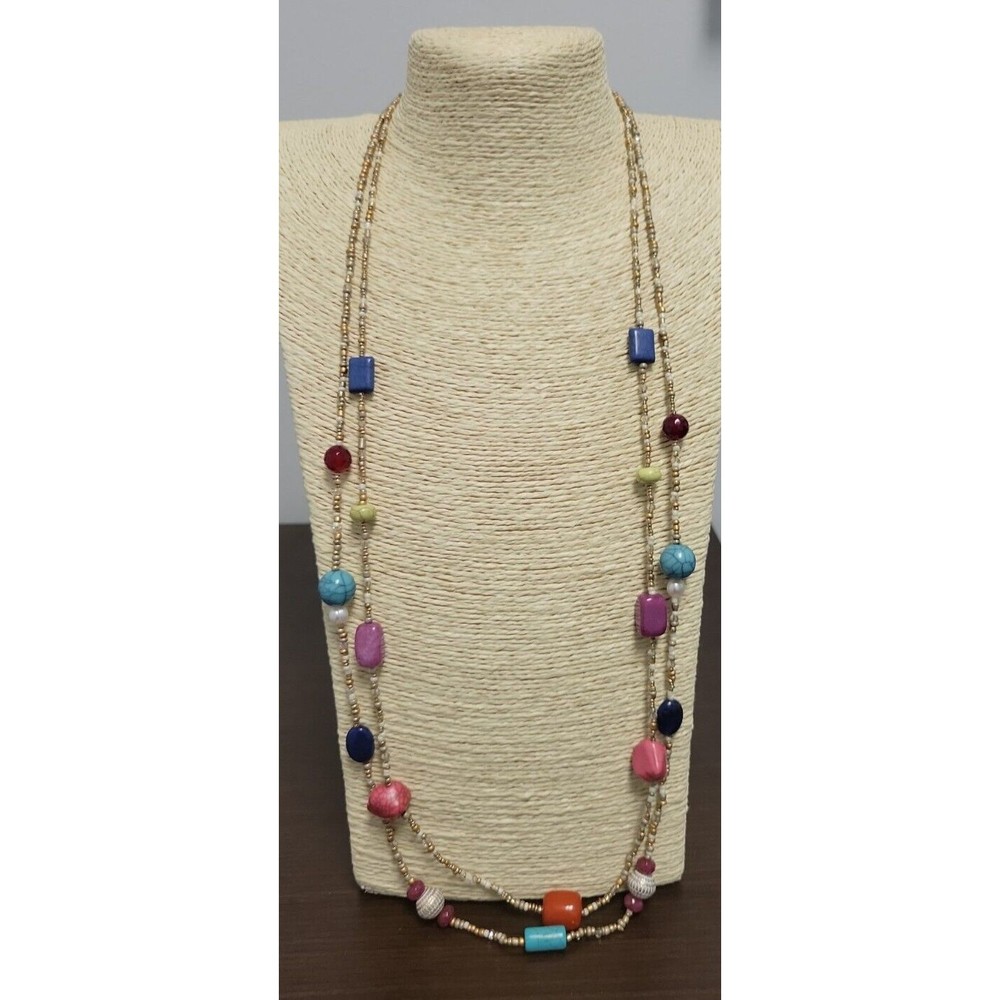 Chico's Multicolored Double Strand Beaded Lucite Long Necklace Colorblock NWT